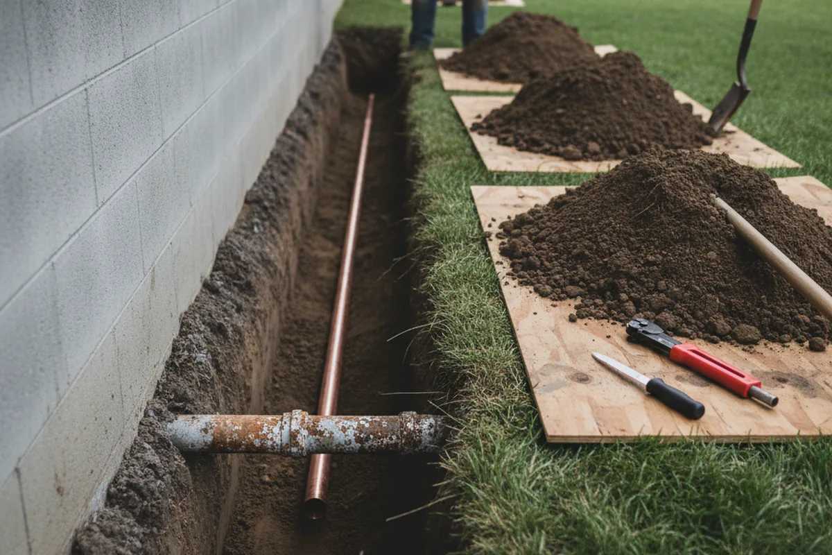 Excavated water line trench during Water Softener Installation in Conway Springs